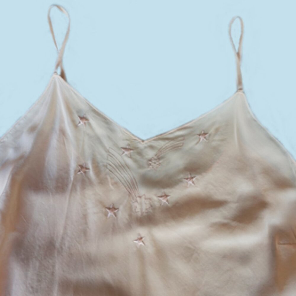 Vtge 1930's Silk Peach Chemise/Nightie Handmade Embroidered Star Details -Size M